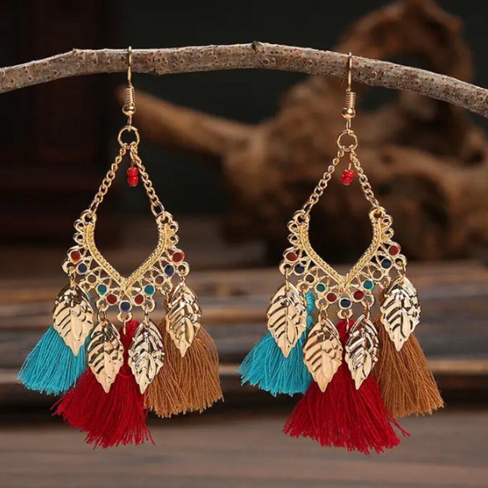 Rose Gold Multi-colored Tassel with Leaf Boho Dangle Earrings, New!